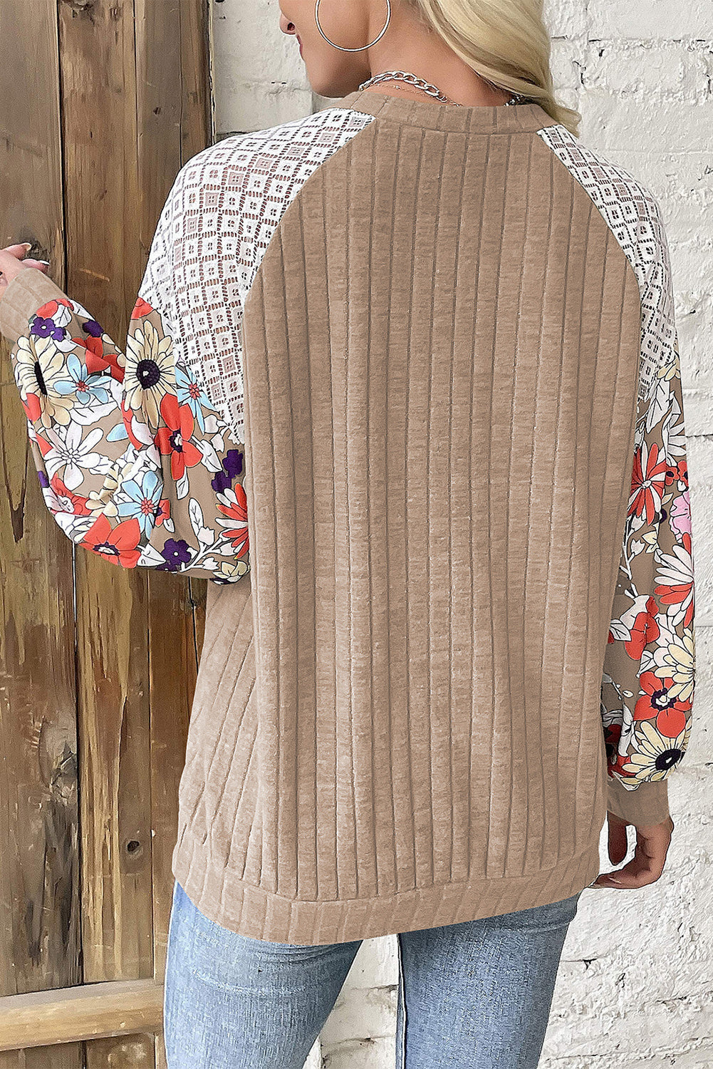 Cinnamon Floral Patchwork Long Sleeve Ribbed Blouse