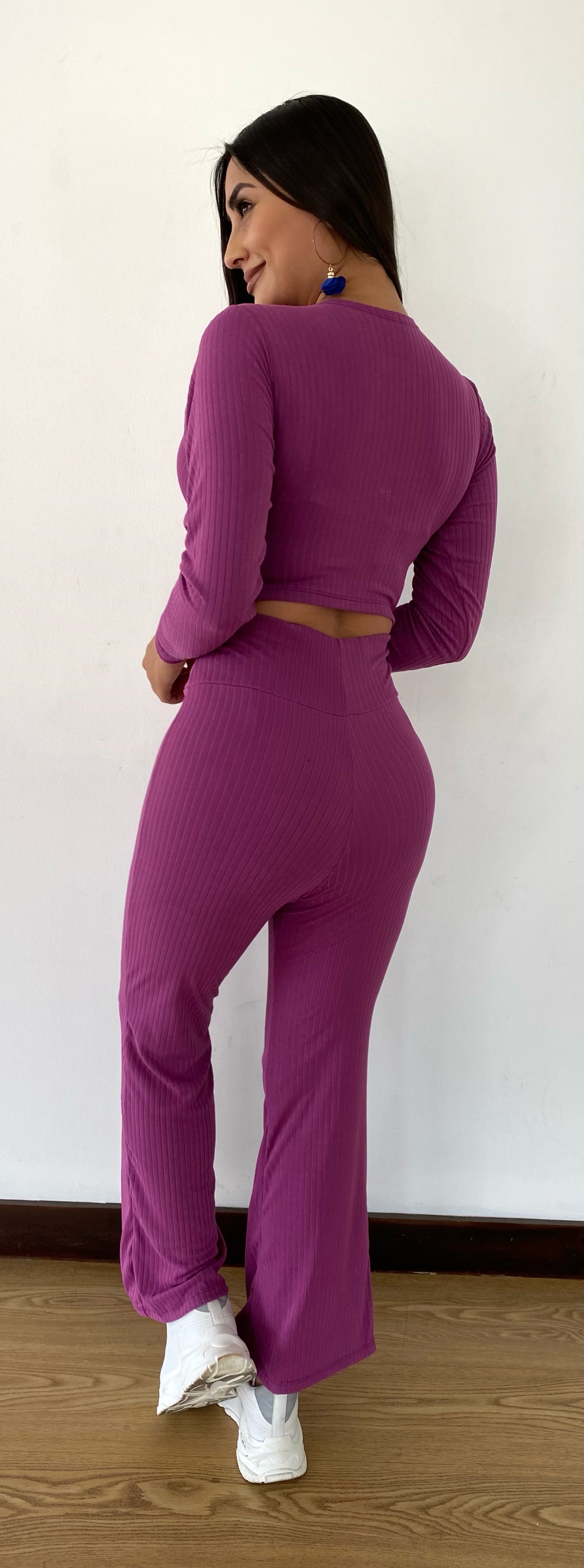 Women Solid Sexy Shirt and Casual Pants Two Piece Set Violet - Loiz